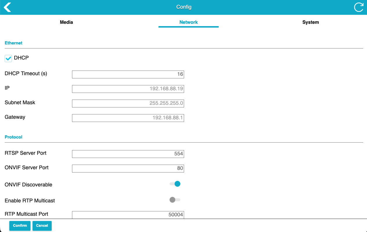 Camera network and ONVIF/RTSP settings